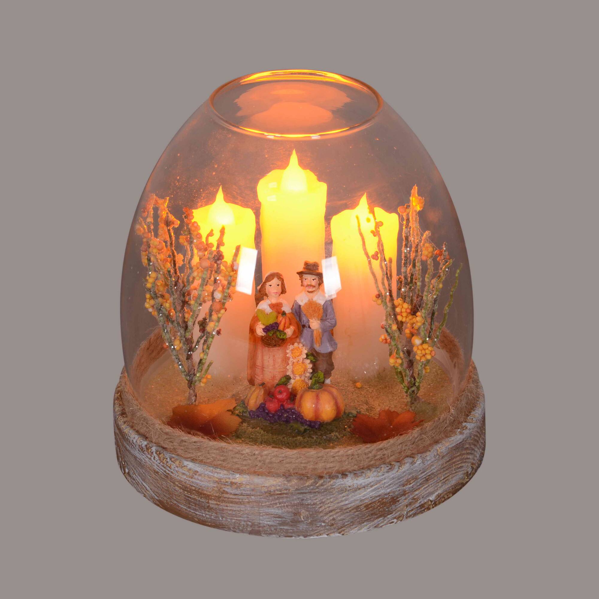5" Glass Pilgrim Figurine Flickering Candle Thanksgiving Jar